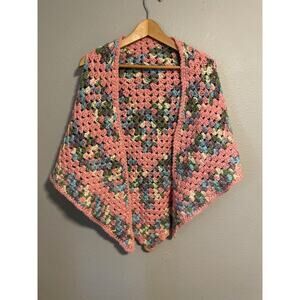Vintage Handmade Womens Shawl One Size Pastel Crochet Grannycore Festival Boho